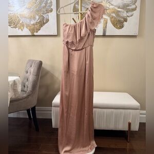 Rebecca Taylor eyelash Gown one shoulder dark nude Blush Pink Dress with Fringe